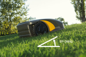 An autonomous robot mower in the process of lawn mowing.